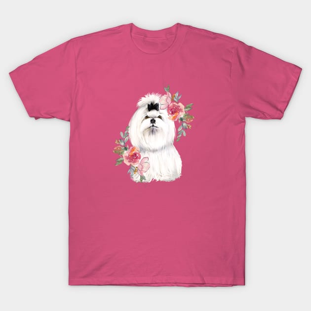 Cute White Shih Tzu with Flowers Watercolor Art T-Shirt by AdrianaHolmesArt